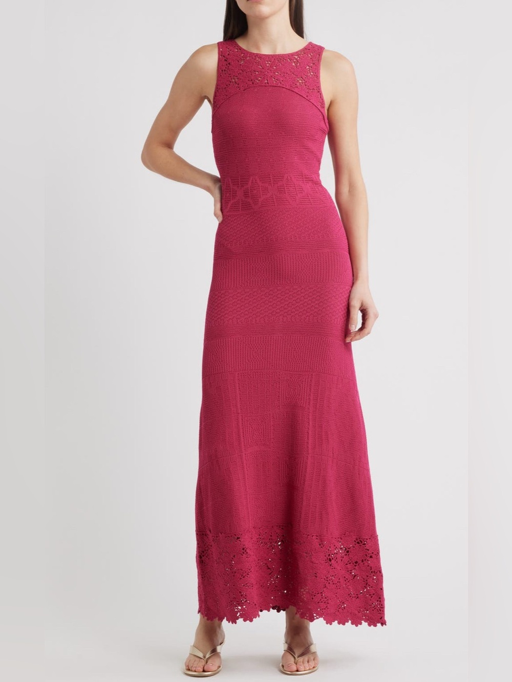 Elie Tahari The Josephine
Lace Trim Knit
Midi Dress 
large 
 Pink /Raspberry